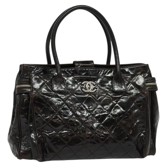 CHANEL Matelasse COCO Mark Hand Bag Patent leather Dark Brown CC Auth 124127